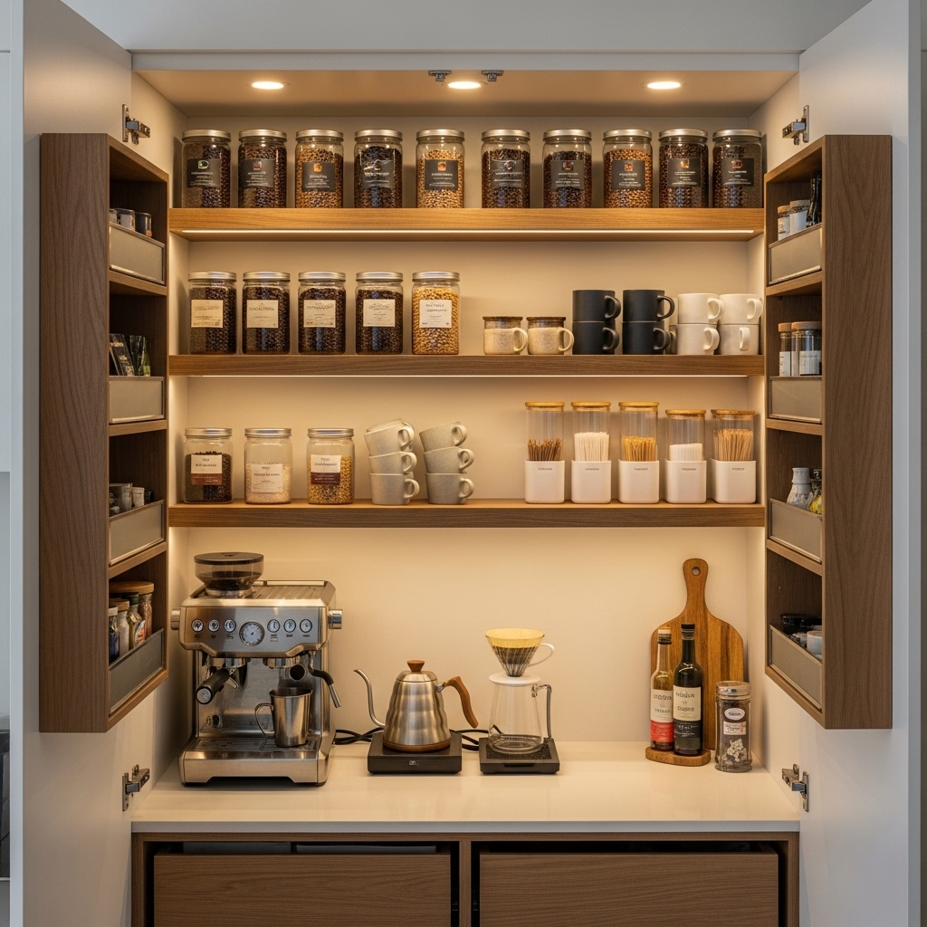 Pantry-style coffee bar hidden inside kitchen cabinet