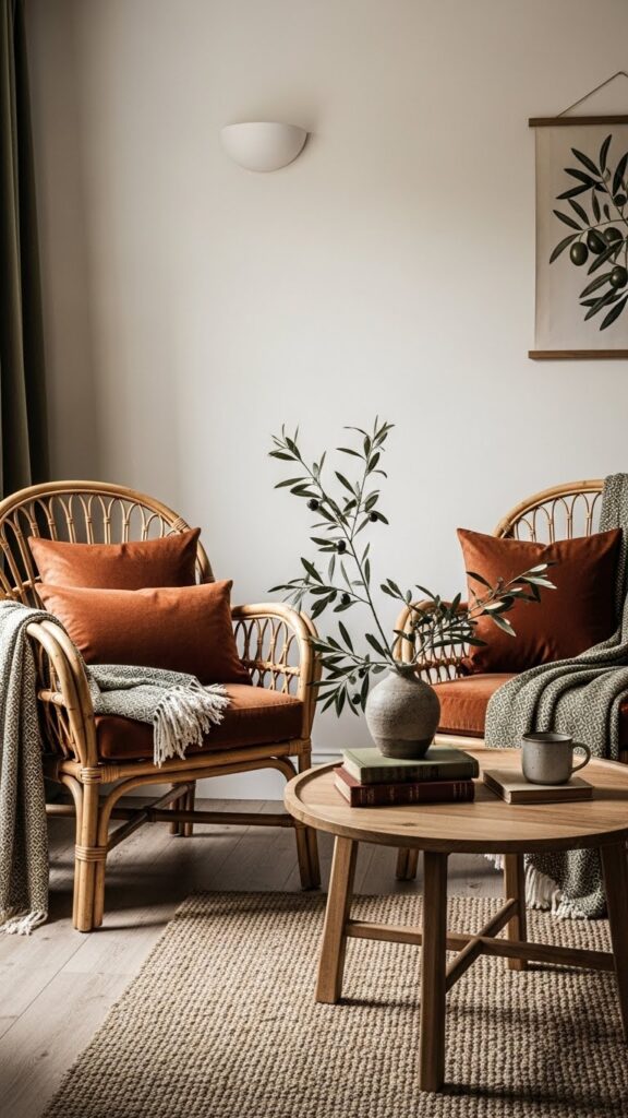 Rattan furniture paired with warm color accents in earthy cottage decor.
