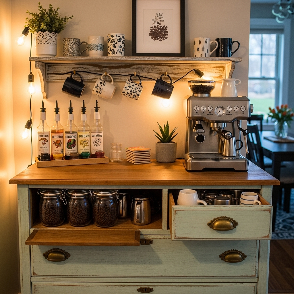 DIY coffee bar created from repurposed dresser