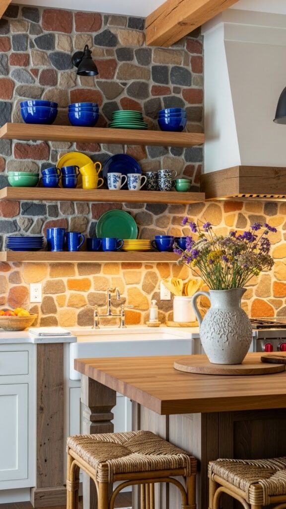 Rustic river rock backsplash with ceramic decor