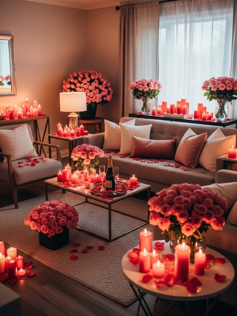 Romantic Valentine full living room styling, rose pink flowers, red candles, soft neutral sofa, cozy romantic color balance, modern US home interior