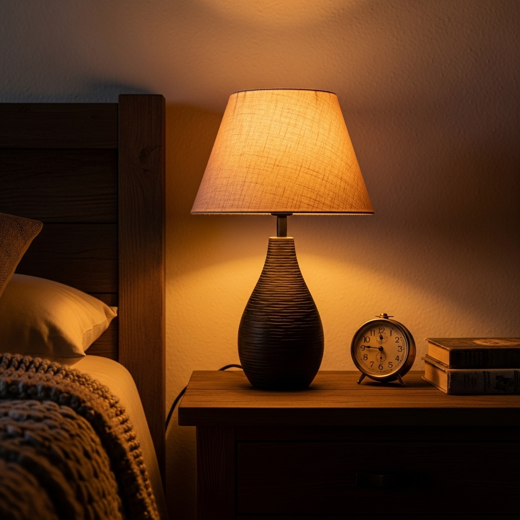 Warm bedside lamp in rustic bedroom