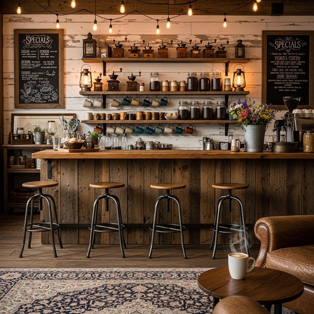 Rustic DIY coffee bar with wooden shelves