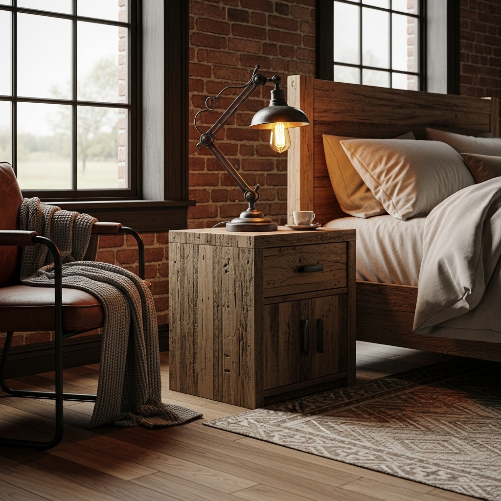 Rustic nightstand with industrial-style lamp