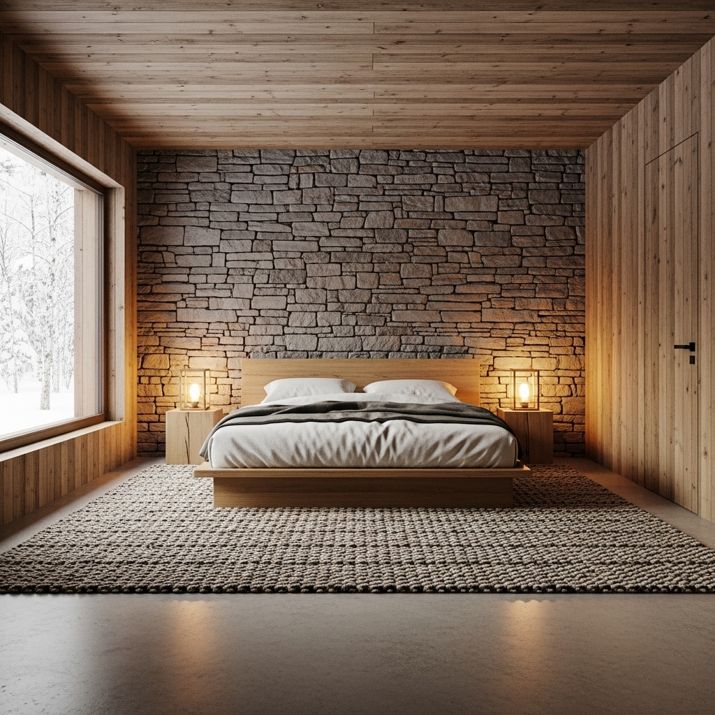 Minimal rustic bedroom layout with natural textures
