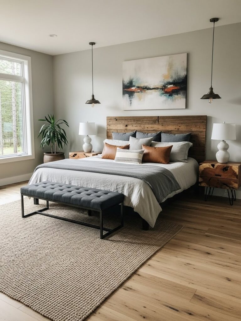 Rustic modern bedroom with wood accents