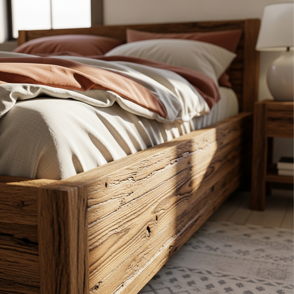Close-up of reclaimed wood bed frame in rustic bedroom