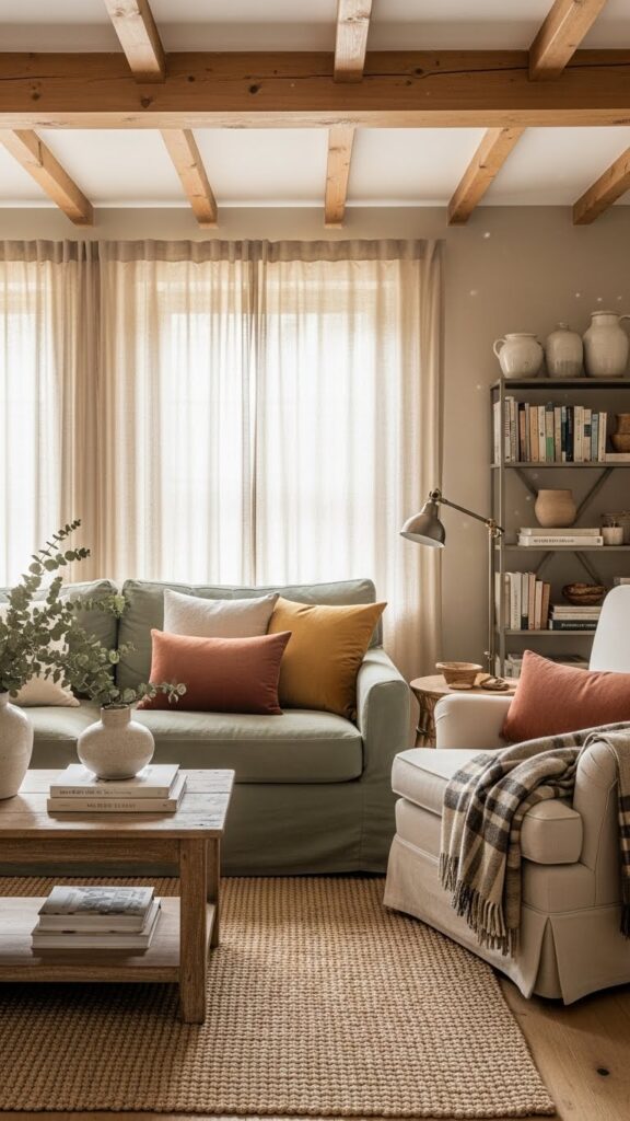 Sage green accents bringing color to earthy cottage home decor.