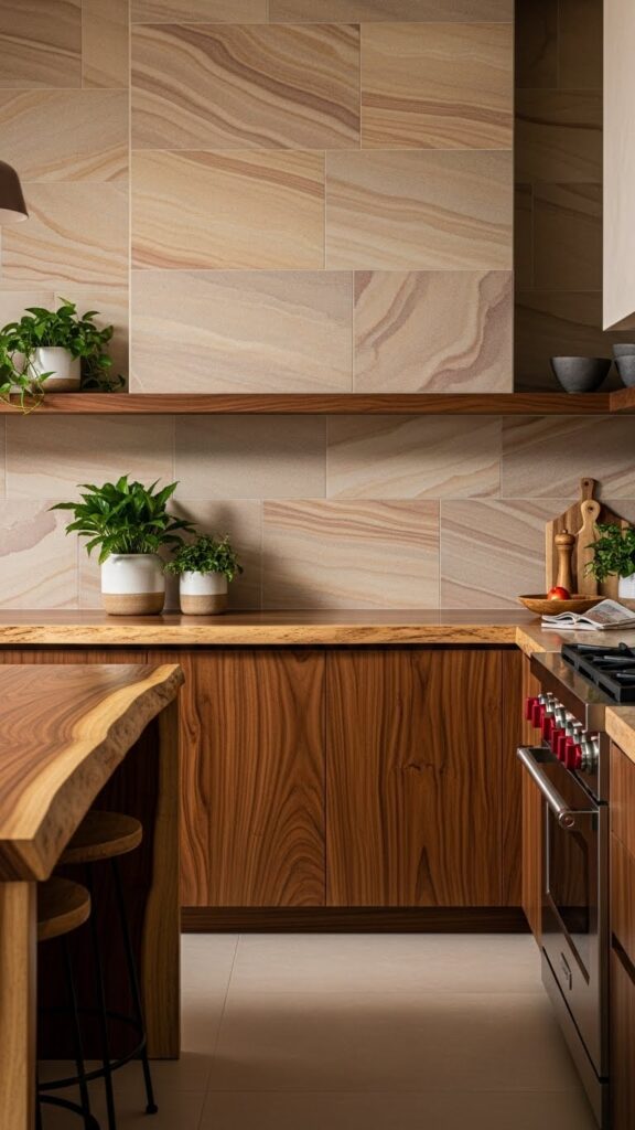 Sandstone tile backsplash with live-edge wood counters
