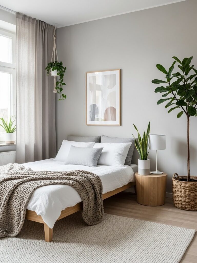 Scandinavian bedroom with simple indoor plants