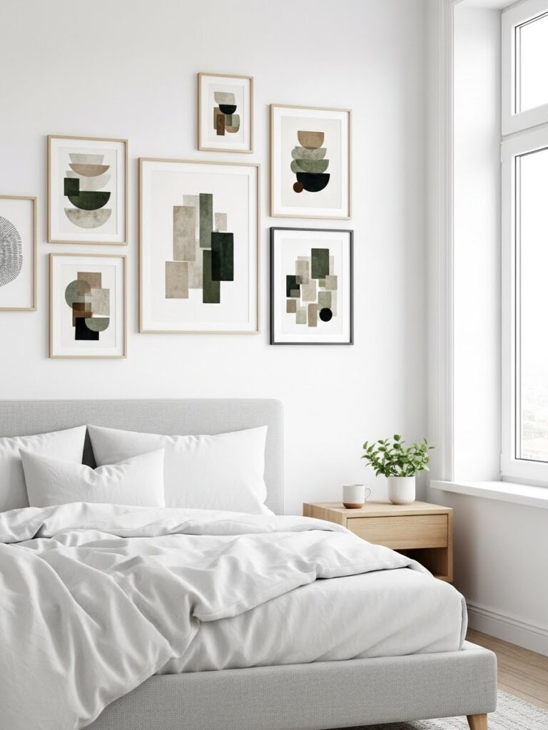 Neutral Scandinavian wall art in a minimalist bedroom