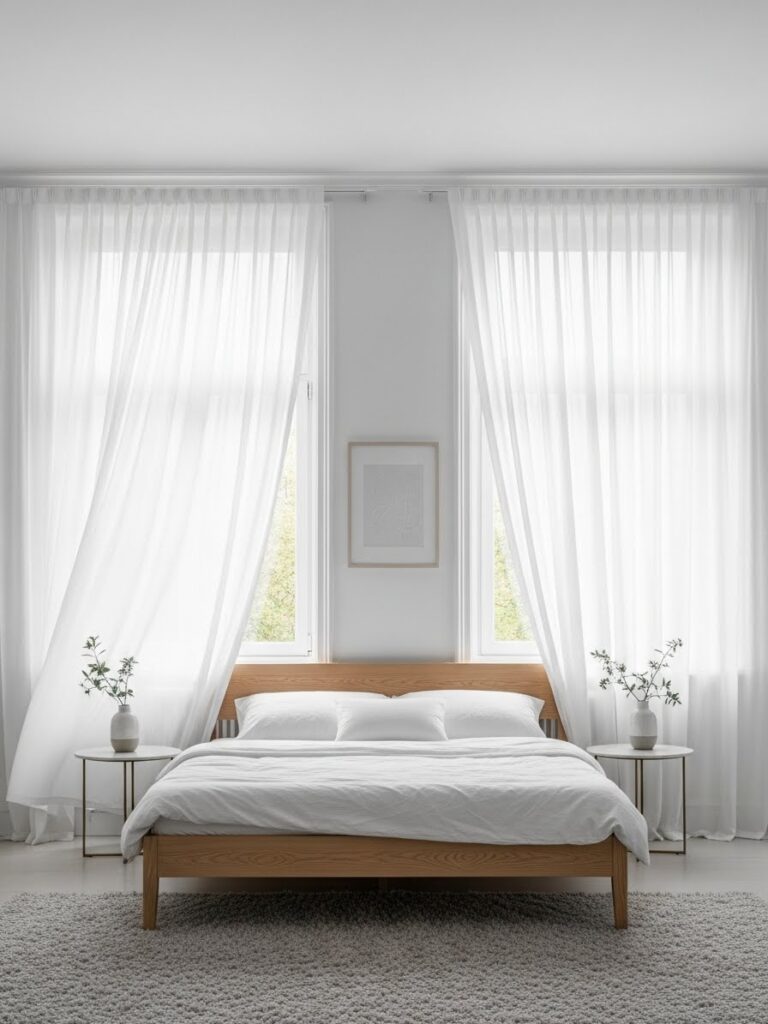 Scandinavian bedroom filled with natural light and sheer curtains