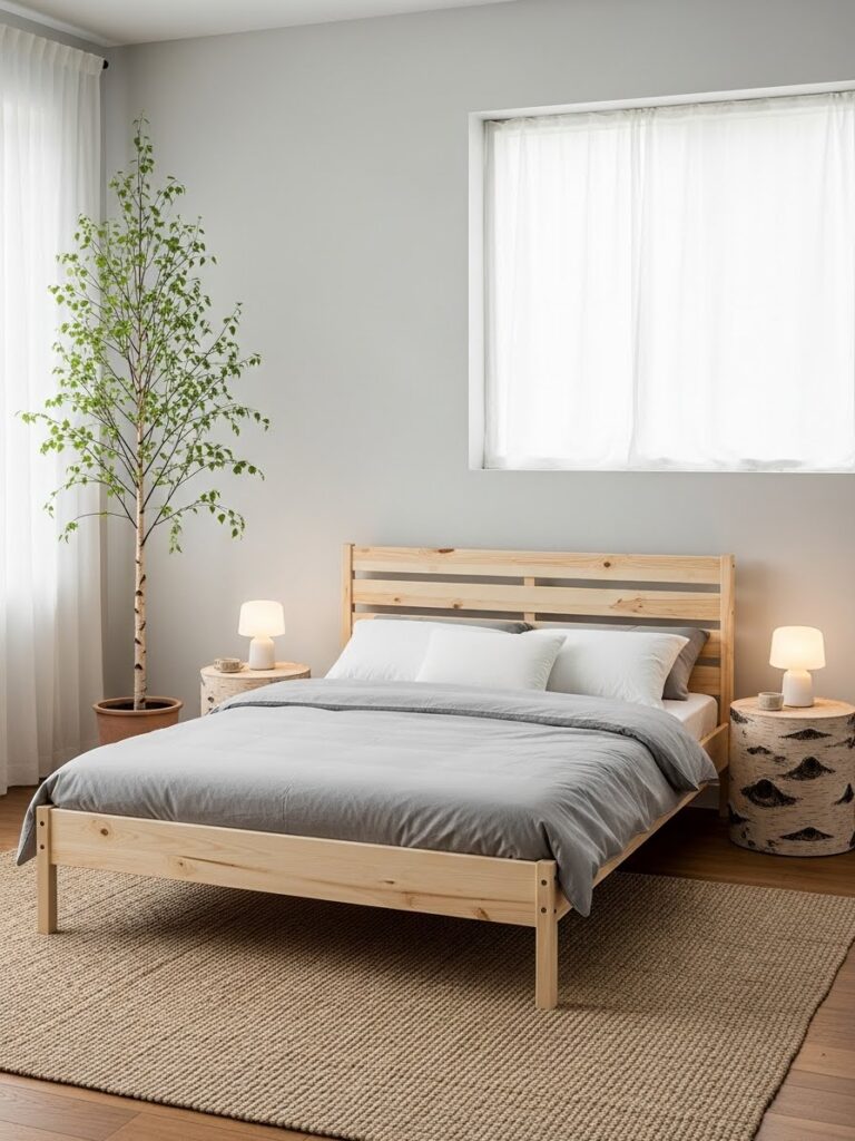Scandinavian bedroom with natural wood furniture elements