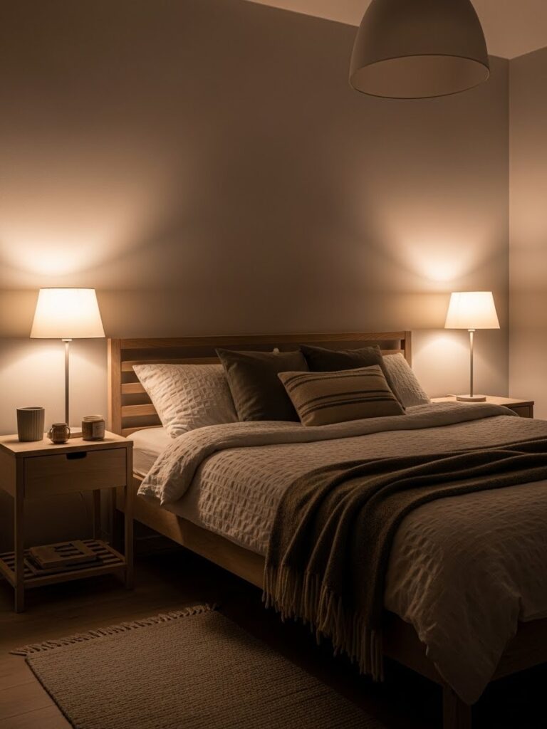 Warm soft lighting in a Scandinavian-style bedroom