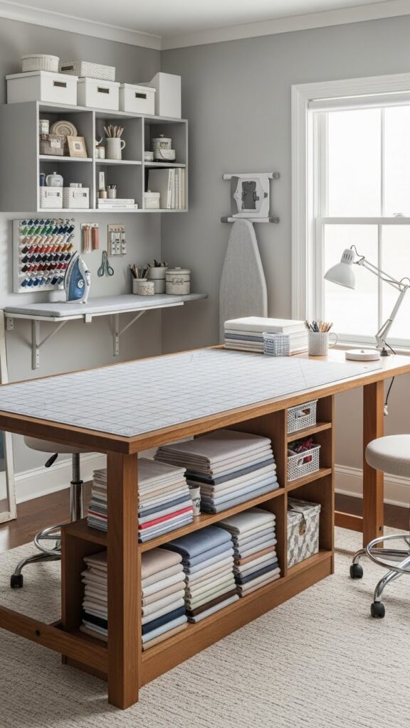 Sewing room design ideas with dedicated cutting zone