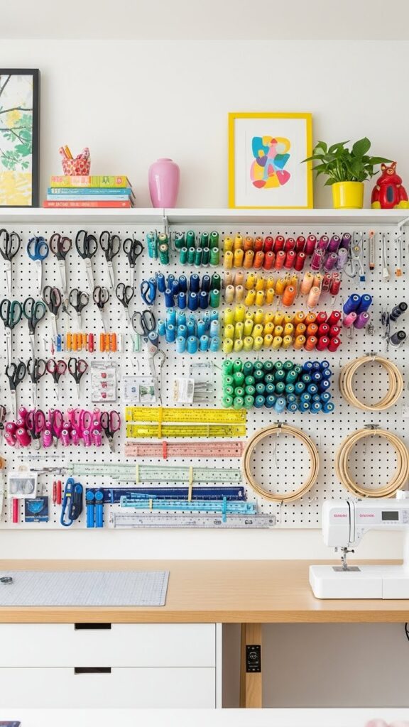 Sewing room design ideas with pegboard tool wall organization
