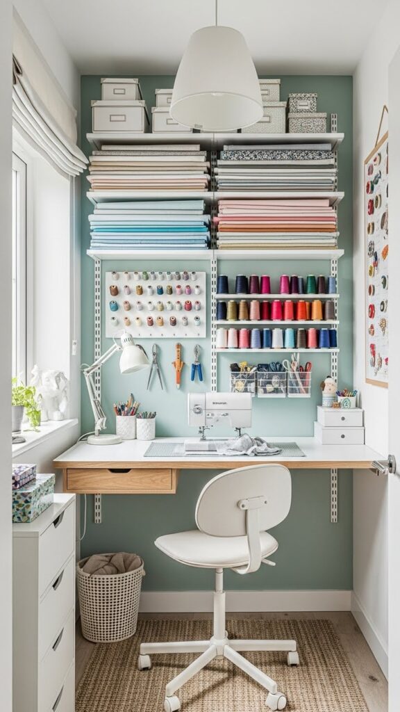 Small sewing room design ideas with space-saving layout and vertical storage
