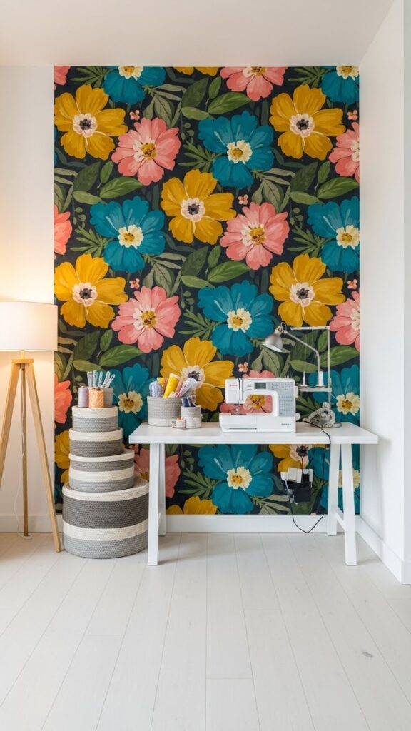 Sewing room design ideas with bold statement wallpaper accent wall
