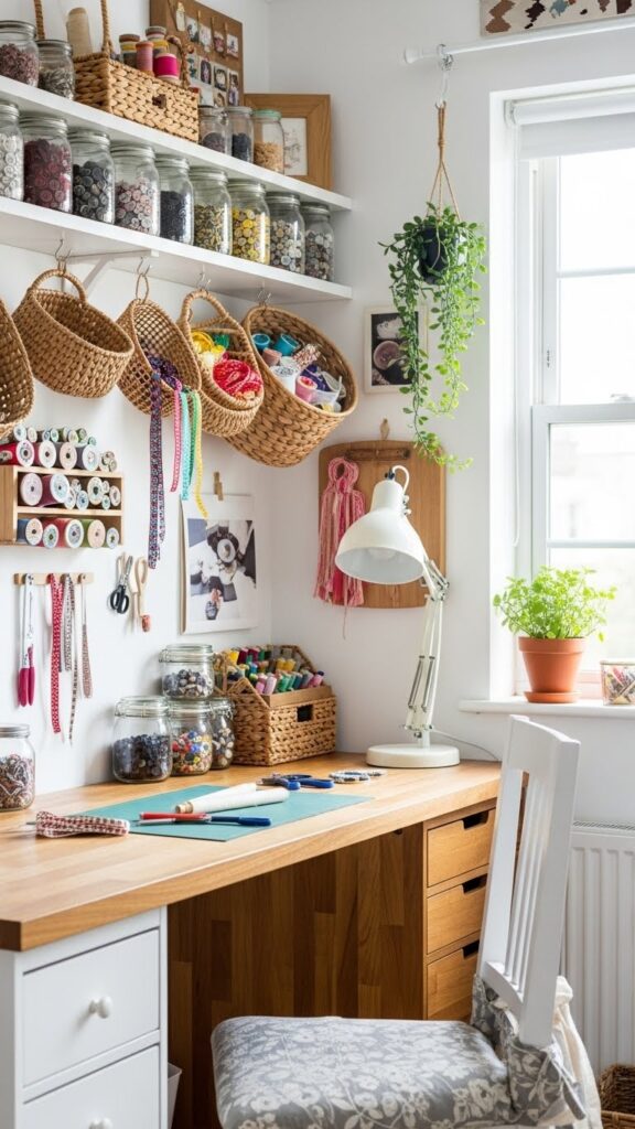 Sewing room ideas design with hanging storage solutions