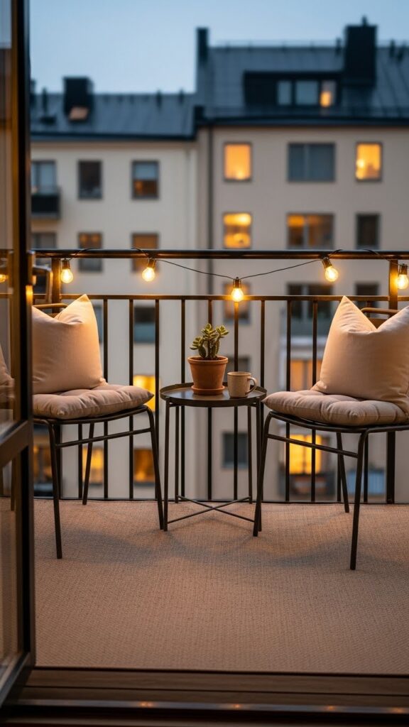small balcony decor ideas with slim seating