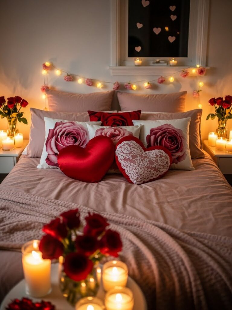 Small bedroom Valentine decor with blush pink bedding