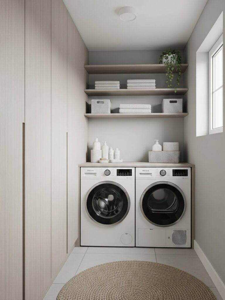 Small laundry room ideas with vertical storage cabinets