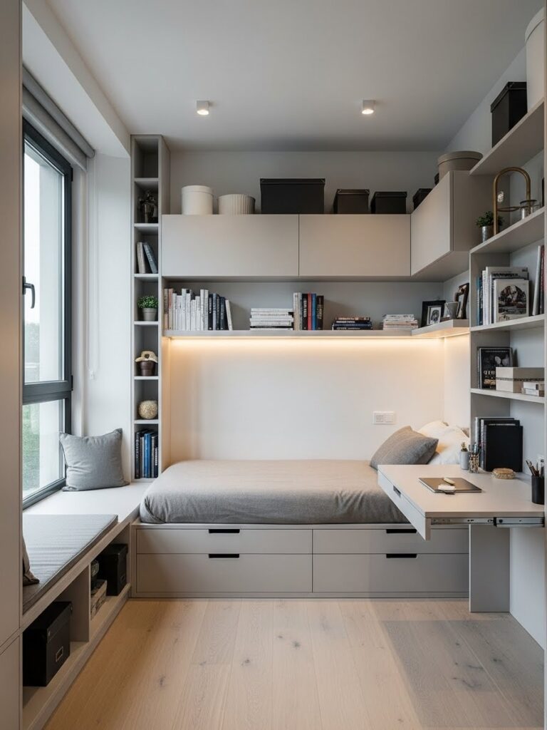 Small modern bedroom with storage solutions