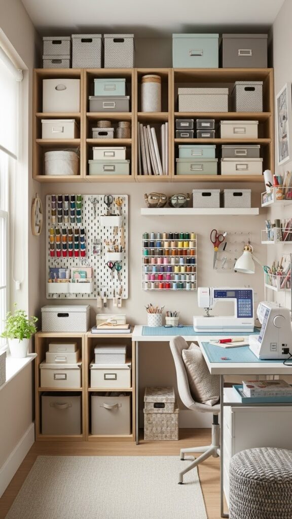 Small sewing room design ideas with vertical storage solutions