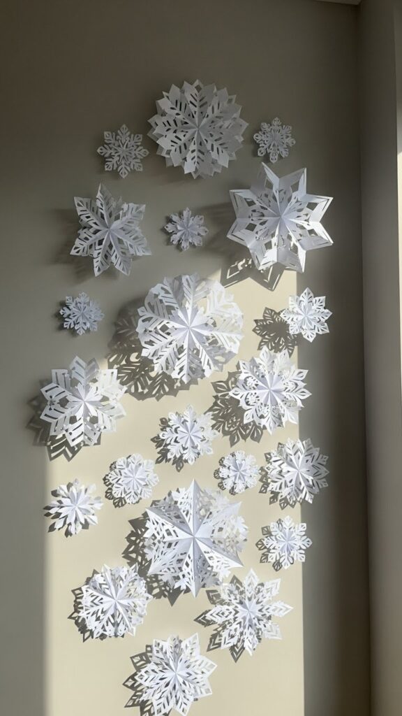 White paper snowflake designs for winter decor