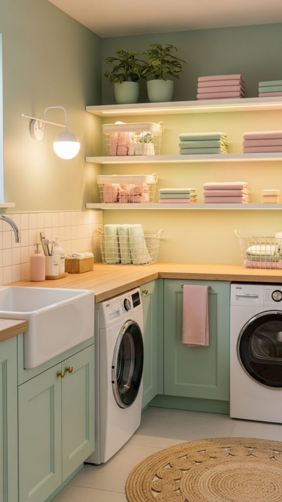 Laundry room ideas with soft warm lighting for cozy feel