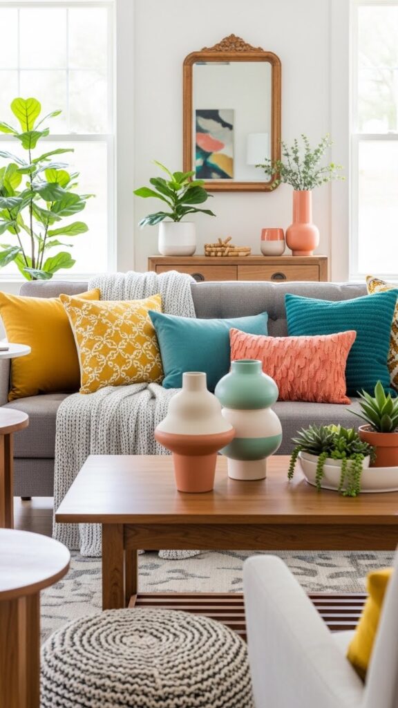 Living room refreshed with colorful seasonal decor accents
