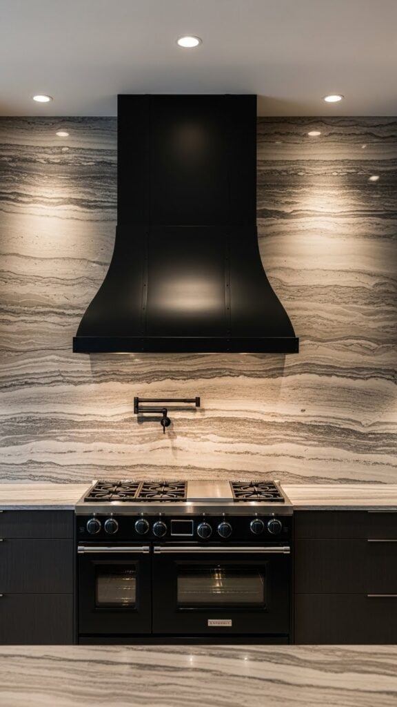 Multi-textured stone backsplash behind a black range hood