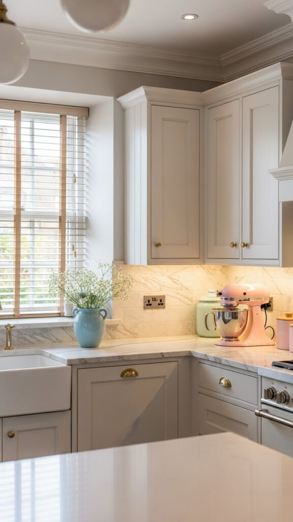 Subway marble stone backsplash with brass hardware
