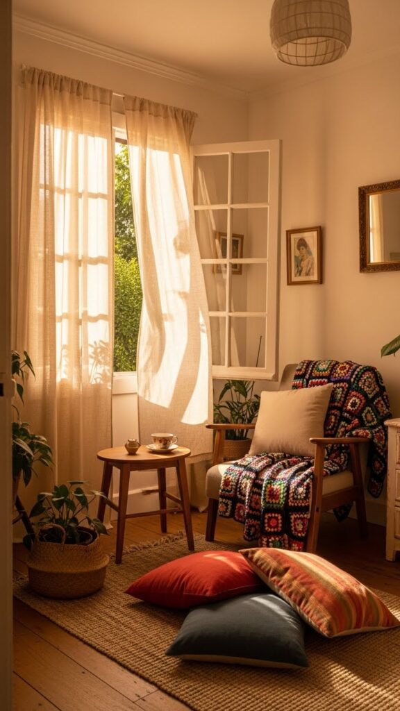 Sunlit cottage curtains with warm earthy tones for a small home.