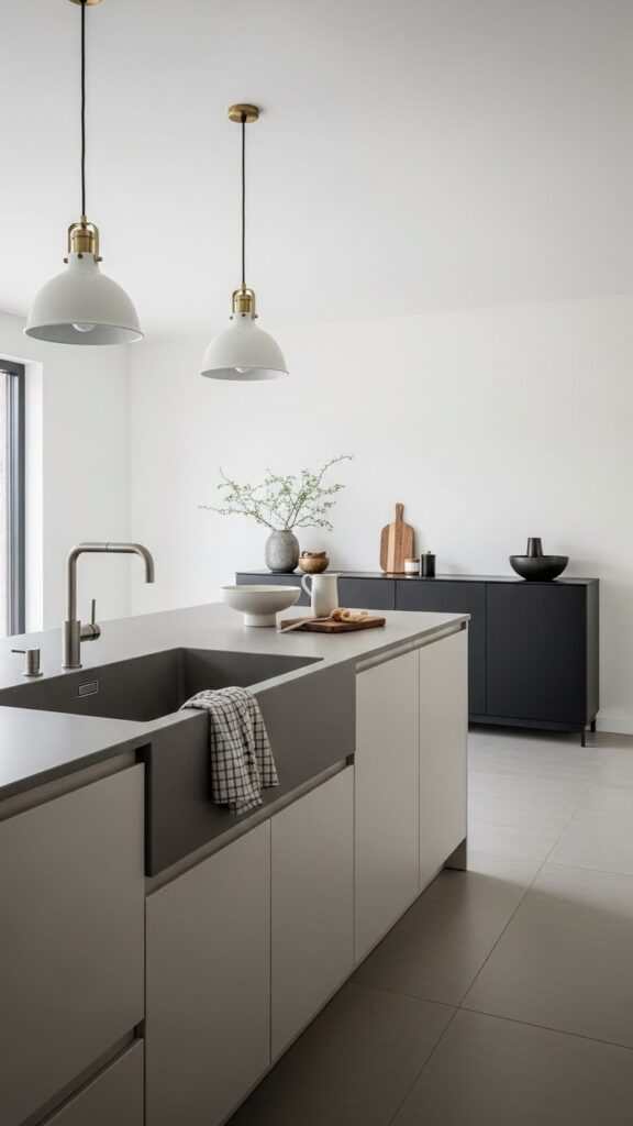 Beige travertine stone backsplash with black accents