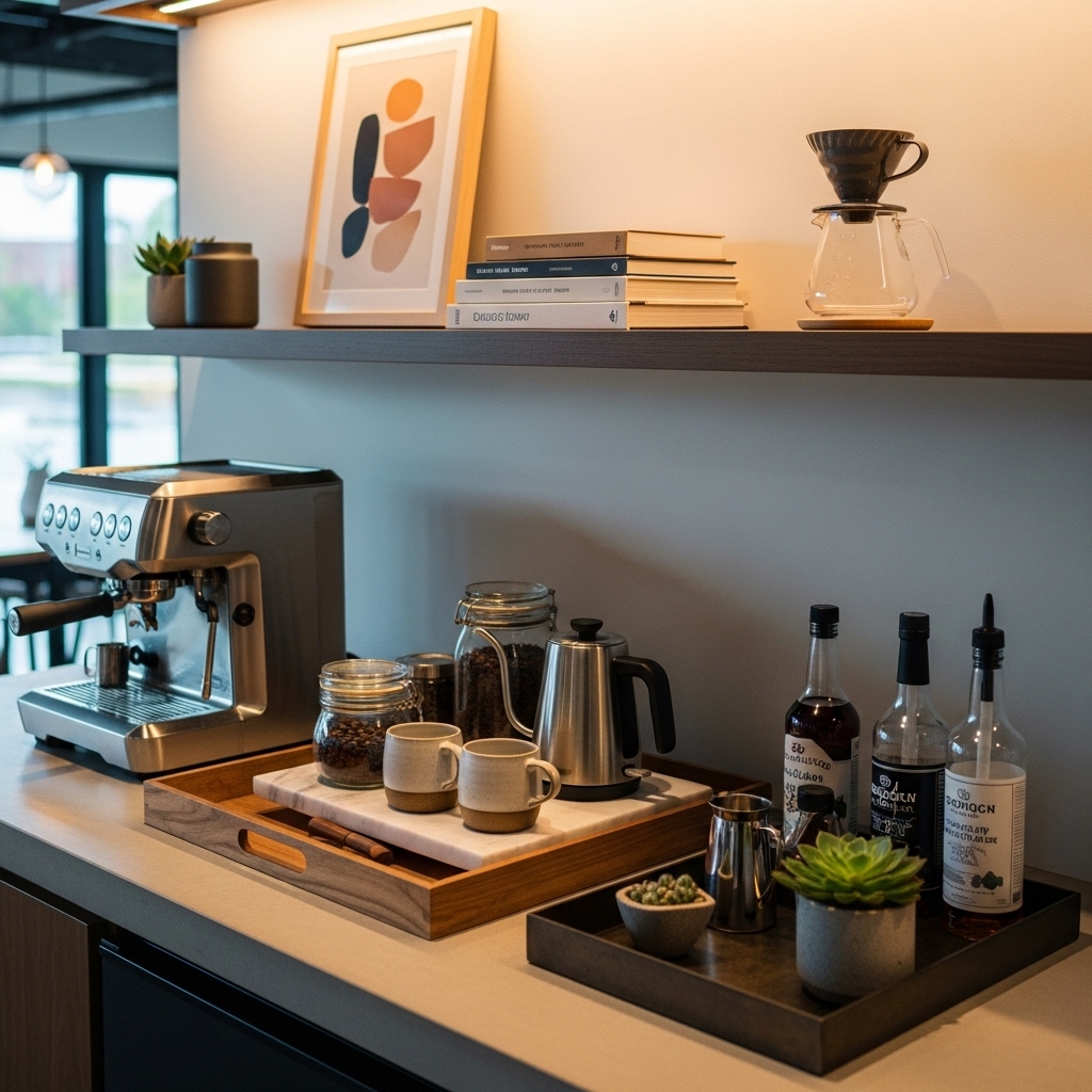 Tray-based coffee bar station with organized setup