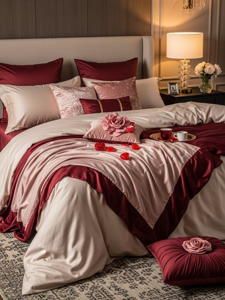 Valentine bedroom bedding layered with blush pink and rose tones