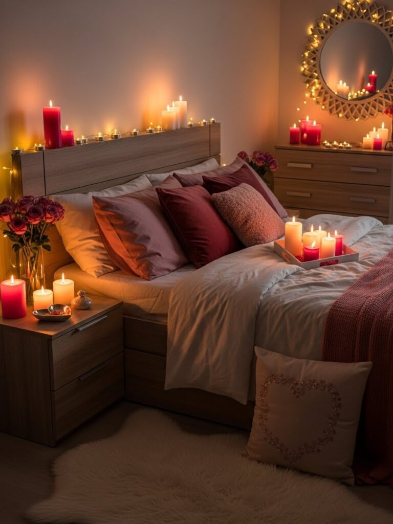 Valentine bedroom decor with candles and soft pink fairy lights