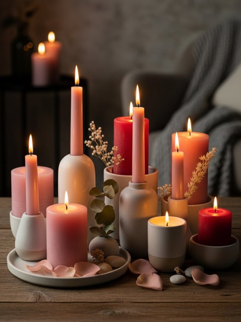 Valentine candle decor with blush pink and red tones