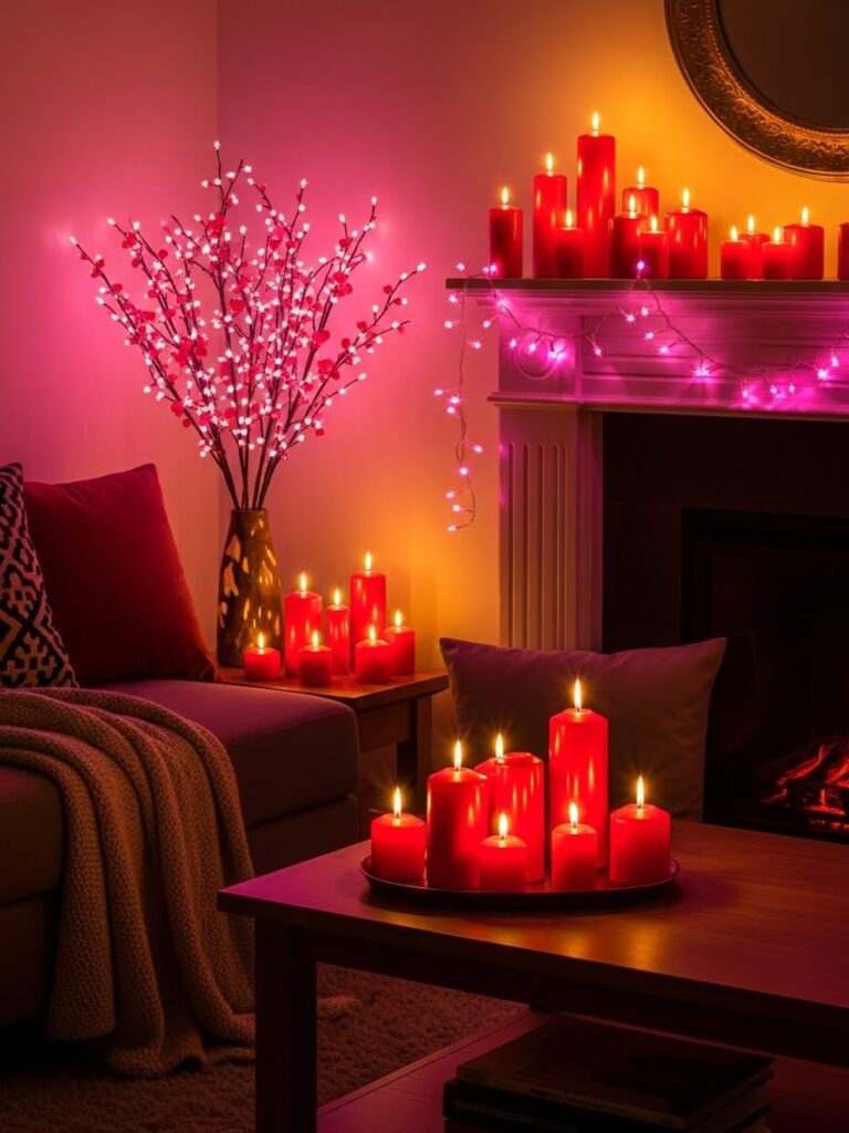 Valentine lighting decor with pink fairy lights and candles