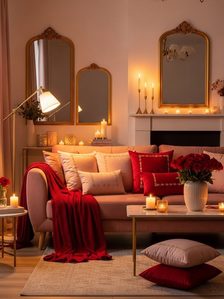 Valentine living room decor with blush pink and red accents