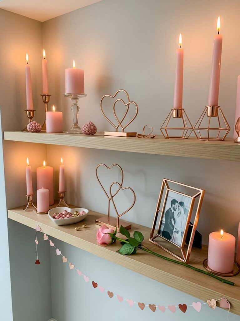 Valentine shelf decor with blush pink candles and rose gold accents