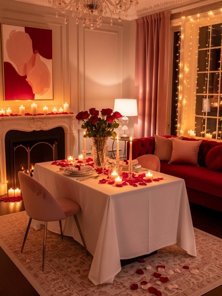Elegant Valentine’s Day room decor with blush and red color theme