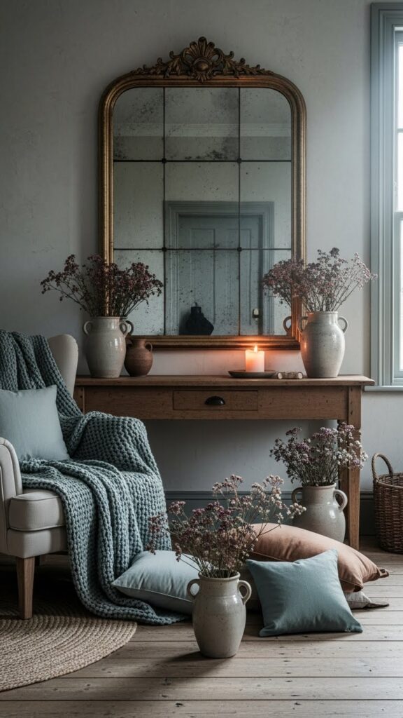 Vintage-inspired earthy cottage decor with muted color accents.