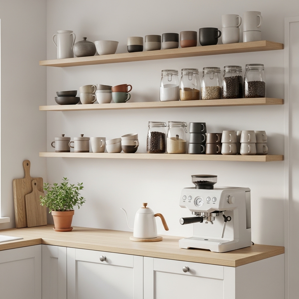 White coffee bar with floating shelves in a modern kitchen