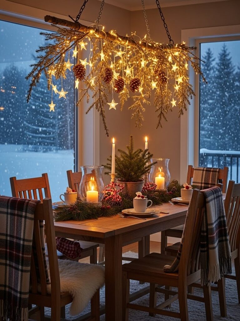 winter dining room decor with hanging branch lighting