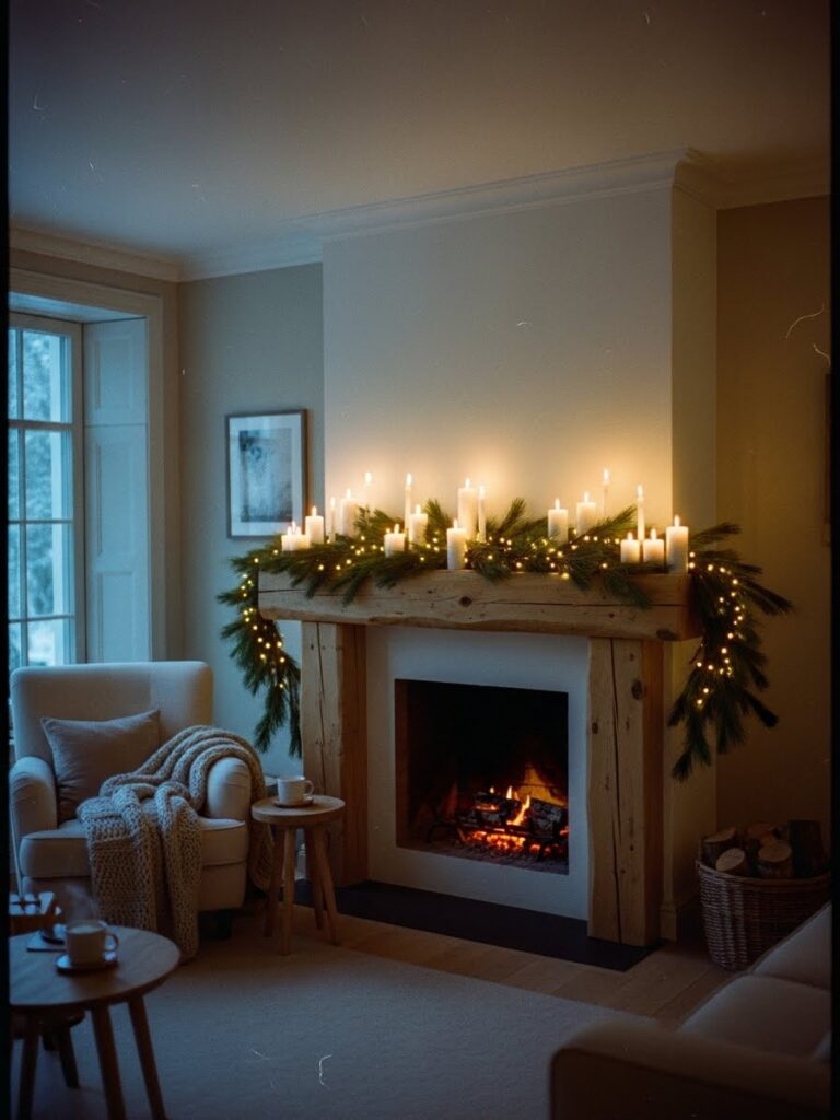 winter mantel decor with pine greenery and candles