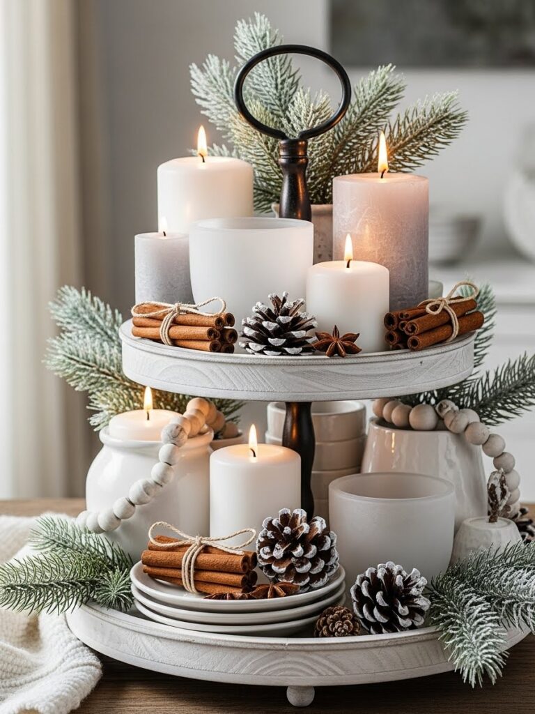 tiered tray winter decor ideas for small spaces