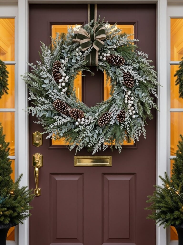 winter wreath decor with eucalyptus and pinecones
