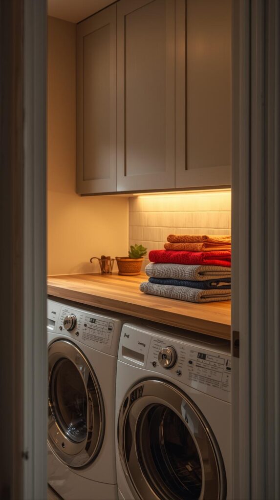 Laundry room ideas with wooden countertop for folding clothes